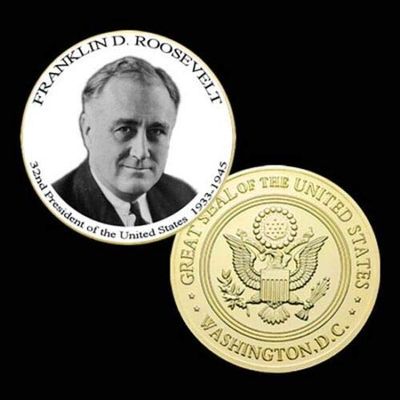 32nd President of The U.S. United States 1933-1945 | Franklin D. Roosevelt | Gold Plated Printed Challenge Coin