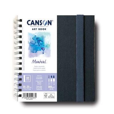 Canson Montval Watercolor Art Book, 7.8x7.8 inches, 48 Sheets, Blue Cloth Hardcover, Side Wire - Professional Artist Notebook for Painting, Sketching, Drawing