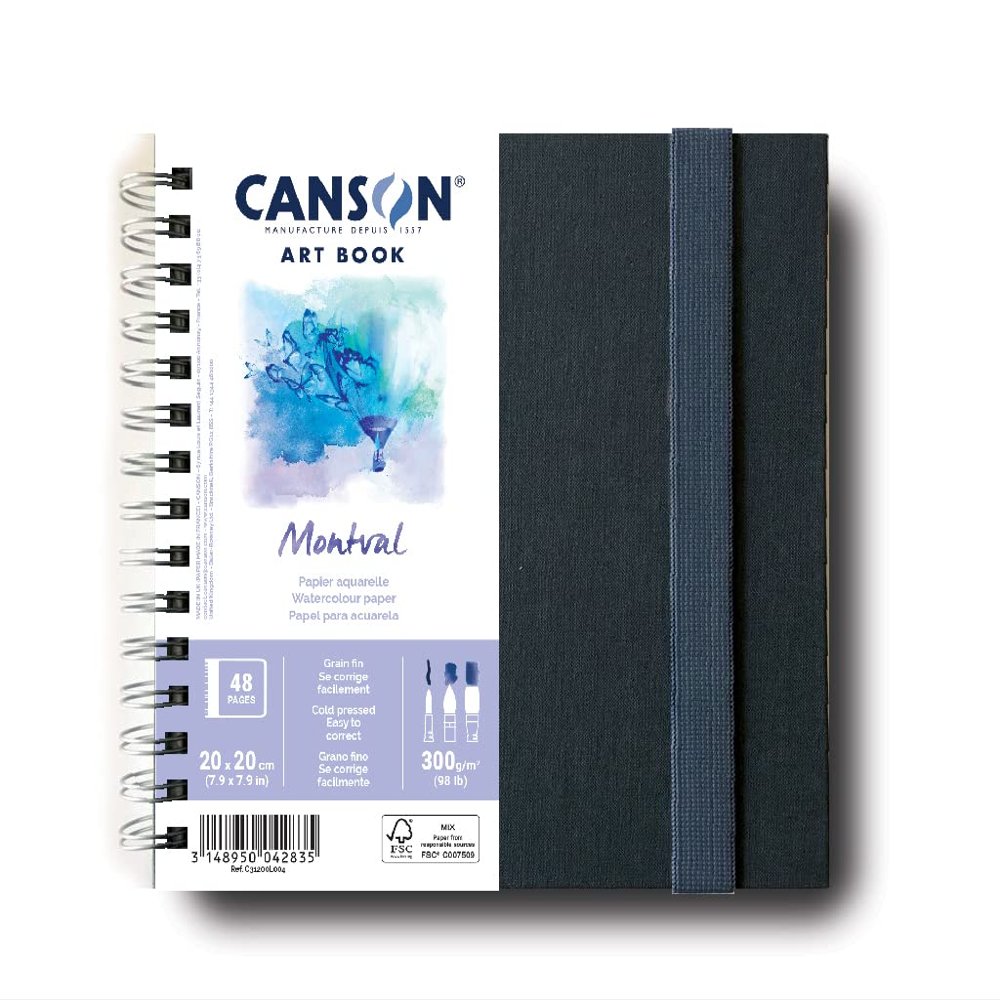 Canson Montval Watercolor Art Book, 7.8x7.8 inches, 48 Sheets, Blue Cloth Hardcover, Side Wire - Professional Artist Notebook for Painting, Sketching, Drawing