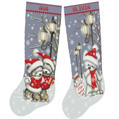 Christmas Stocking Cross Stitch Patterns for Adults, Personalized Counted Baby Easy Embroidery for Beginners, Cute Bears, Simple Holiday Design DIY, Digital Download