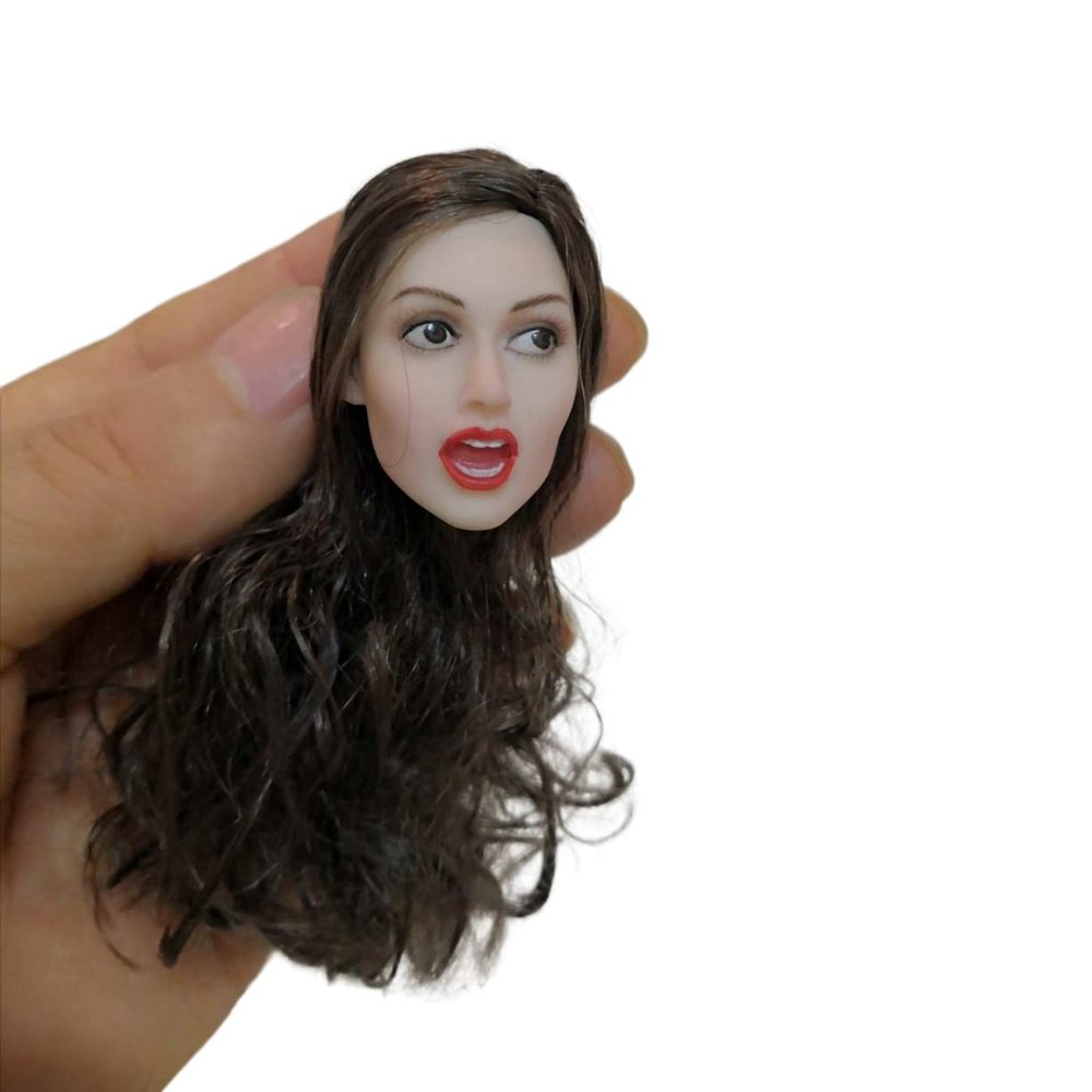 1/6 Scale Female Head Sculpt, Pale Skin Open Mouth Expression Brown Curls Hair Head Carved for 12inch Action Figure Body Doll