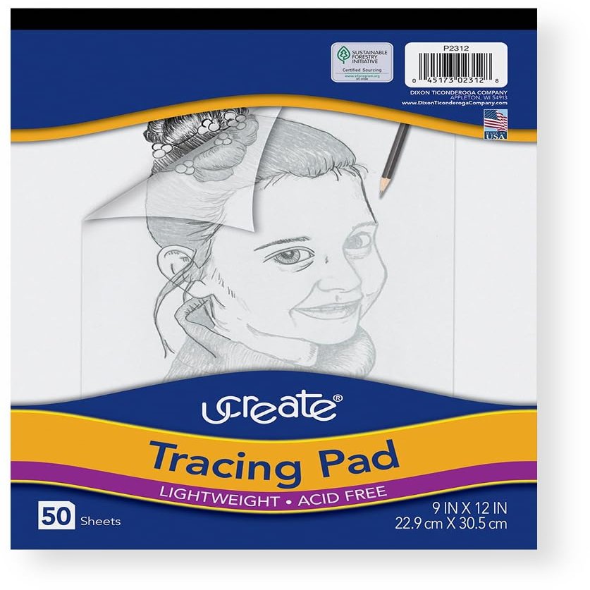 Ucreate P2312 Tracing Pad, 9 x 12 Inches, White, 50 Sheets; Semi-Transparent Standard Grade Tracing Paper in Pad Format