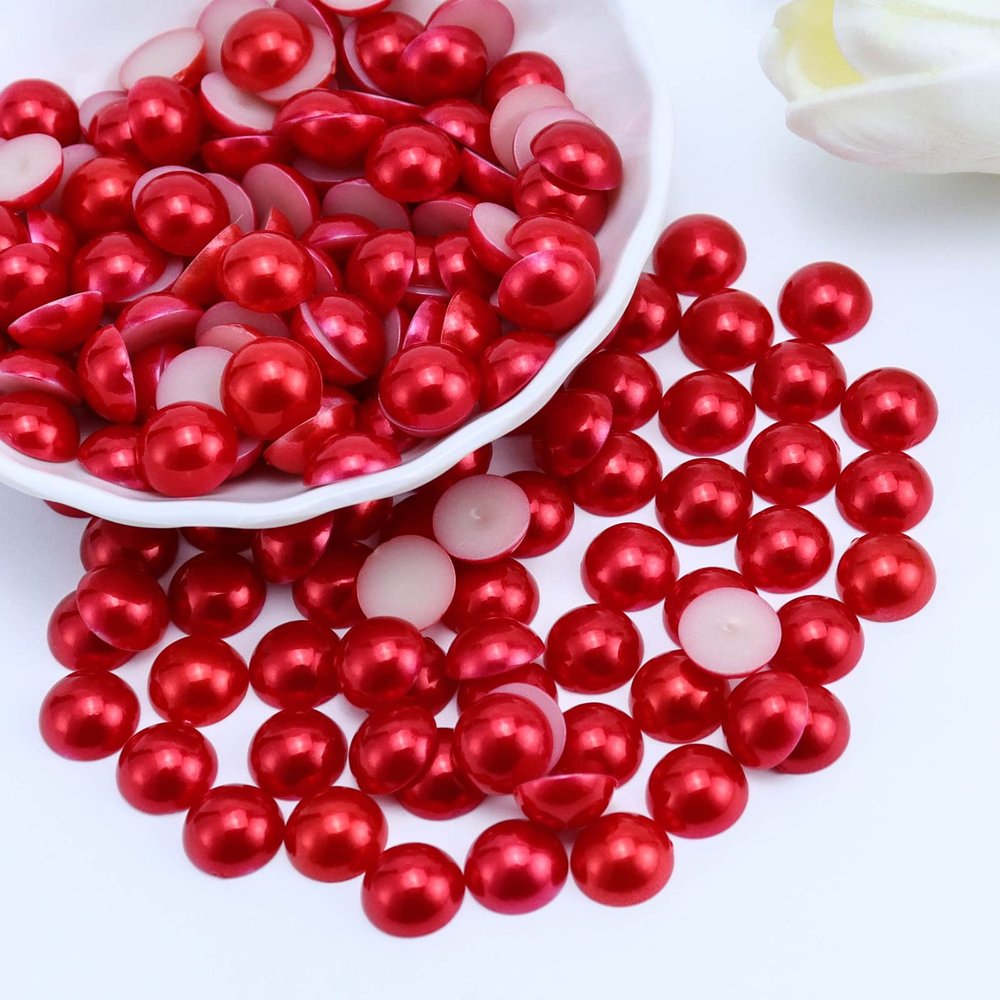 Briskbloom 200PCS 12mm Flatback Half Pearls for Crafts Jewelry Scrapbooking, Flatback Pearls for Crocs Shoes Cups Clothes, Imitation Loose Pearl Beads Gems (Red)