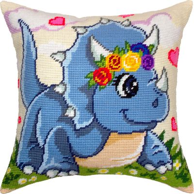 Brvsk Playful Stamped Cross-Stitch Kit for Adults and Beginners Little Triceratops 1616 with Clear, Precise Printed Design on Cotton Canvas; Includes 2 Needles, Yarn, and Easy-Read Chart