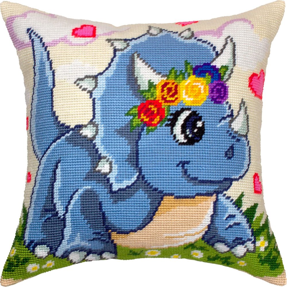 Brvsk Playful Stamped Cross-Stitch Kit for Adults and Beginners Little Triceratops 1616 with Clear, Precise Printed Design on Cotton Canvas; Includes 2 Needles, Yarn, and Easy-Read Chart