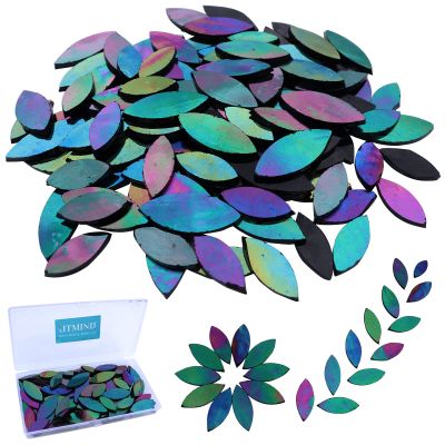LITMIND 120PCS Iridescent Black Stained Glass Mosaic Tiles Precut Petal Shapes in 2 Sizes, Rainbow Leaf Craft Kit for DIY Mosaic Art Projects