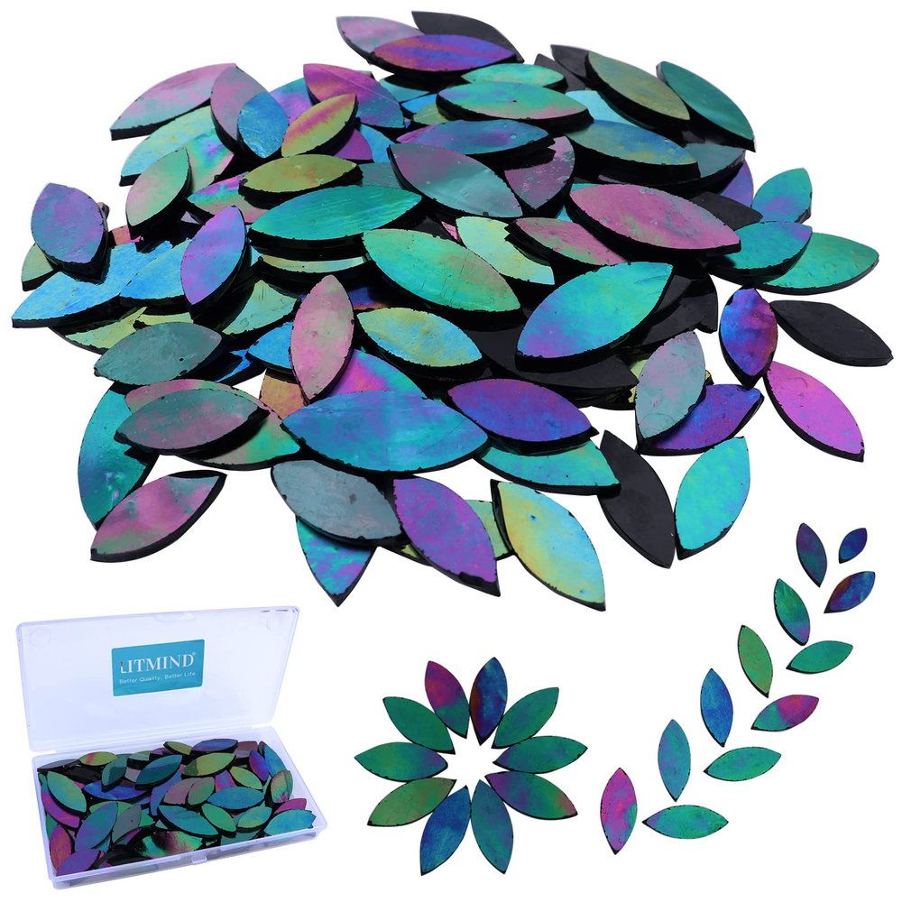 LITMIND 120PCS Iridescent Black Stained Glass Mosaic Tiles Precut Petal Shapes in 2 Sizes, Rainbow Leaf Craft Kit for DIY Mosaic Art Projects