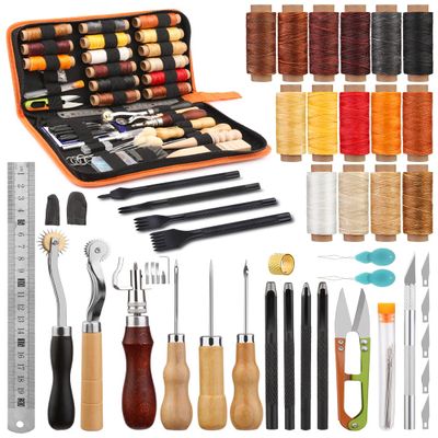 BUTUZE Leather Working Tools, Practical Leather Craft Kit with Waxed Thread Groover Awl Stitching Punch Hole for Leathercraft Beginner or Adults Gifts