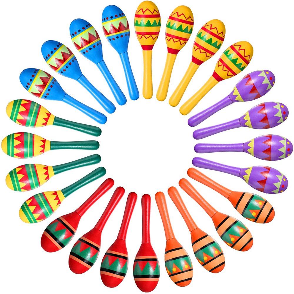 Civaner 24 Pcs Mini Fiesta Maracas for Kids Adults Cinco De Mayo Maracas Mexican Decorations 6 Designs for Mexican Props, 4.92 x 1.38 Inch