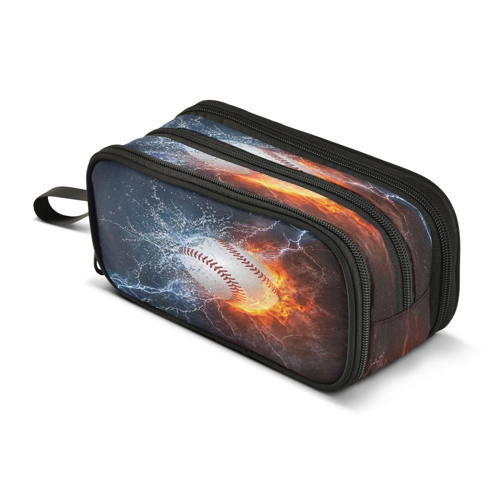 Baseball Ball in Fire and Water Pencil Case 3 Compartment Pen Bag Pouch Holder Box School Portable Stationery Storage Bag for Girls Boys