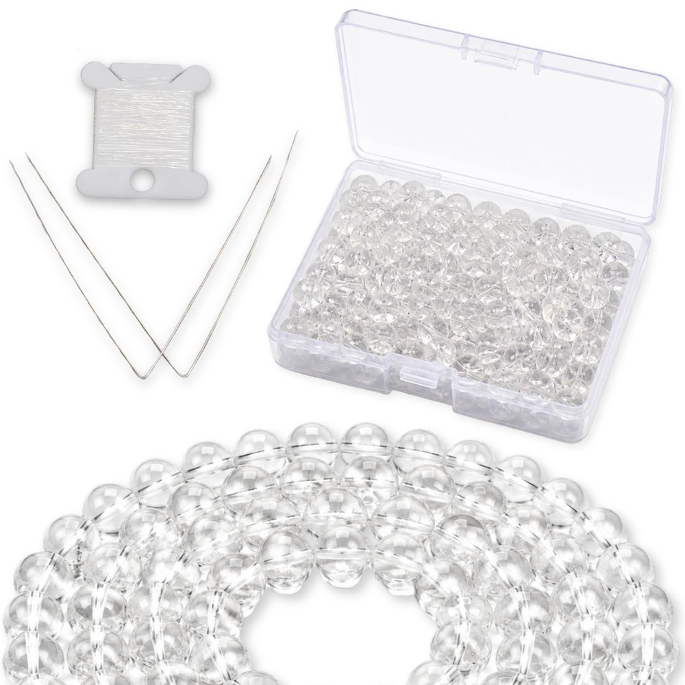 Cherry Tree Collection | 100PCS 8mm Clear Quartz Gemstone Round Beads for Jewelry Making | Includes Storage Box, Elastic String, and Needles