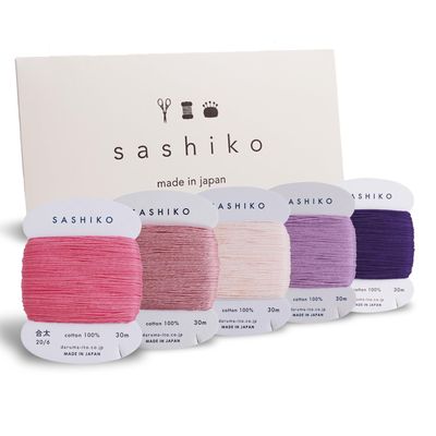 DARUMA Sashiko Thread 100% Cotton Card Type (32.8 yd) x 5 Colors with English Manual, Sewing & Embroidery Value Set with Gift Package(Thick, Tefutefu)