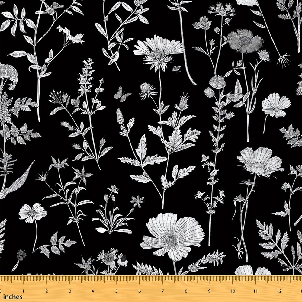 Feelyou Floarl Upholstery Fabric by The Yard, Farmhouse Flowers Pattern Reupholstery Fabric for Chairs, Garden Floral Botanical Decorative Waterproof Outdoor Fabric, 1 Yard, Black White