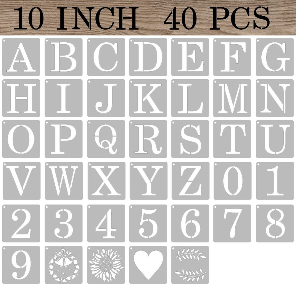 ASMPIO 10 Inch Letter Stencils Numbers Craft Stencils, 40 Pcs Reusable Plastic Alphabet Drawing Templates for Painting on Wood, Wall, Fabric, Rock, Signage, Door Porch