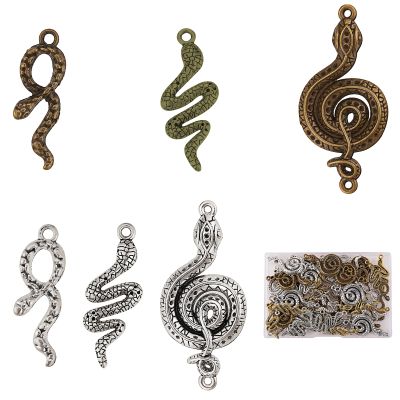 BEEFLYING 48Pcs 6 Style Gold Silver Tibetan Snake Charm Metal Alloy Cobra Snake Witch Charm Antique Gold Bronze Serpent Connector for DIY Bracelet Jewelry Craft Making
