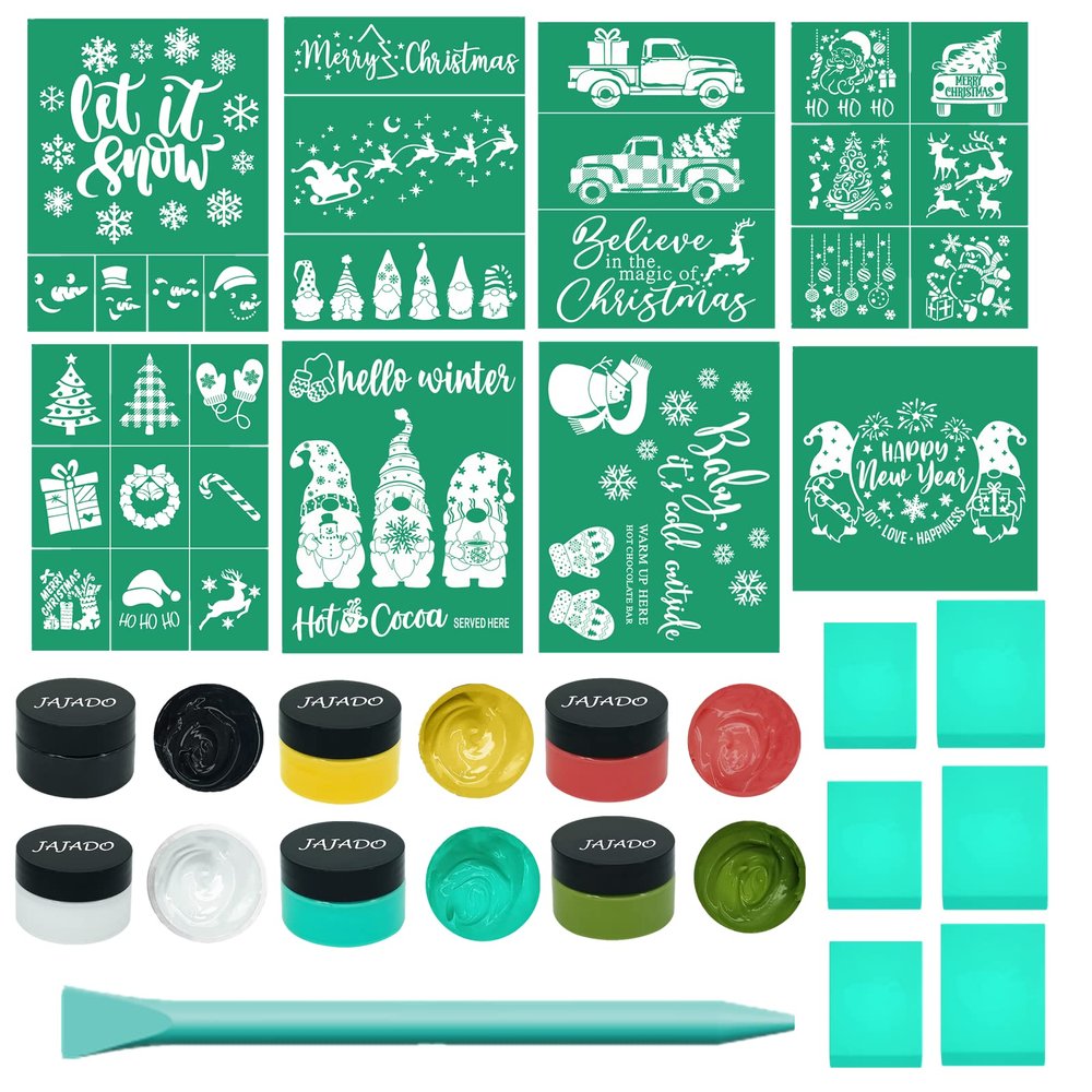 JAJADO Chalk Paste Paint Silk Screen Printing Kit 21 Pcs, Self Adhesive Silk Screen Stencil Christmas Stencils Winter Holiday Stencils for Painting on Wood, Fabric, DIY Home Decor Craft Project
