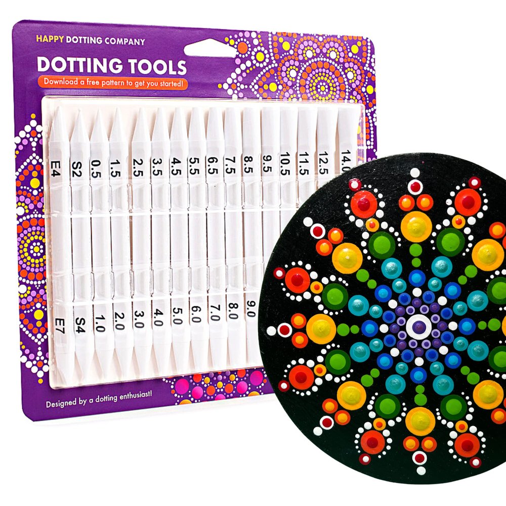Happy Dotting Company Tools for Painting Mandalas - Patented 16pc Premium Double Ended - 28 Easy Read Sizes Plus Stylus & Ellipse Tools, Anti-Roll Grip for Rock Painting, Nail Art, Pottery and Canvas