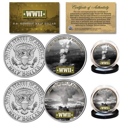 World WAR II Atomic BOMBINGS of Japan Hiroshima & Nagasaki U.S. JFK Kennedy Half Dollar 2-Coin Set