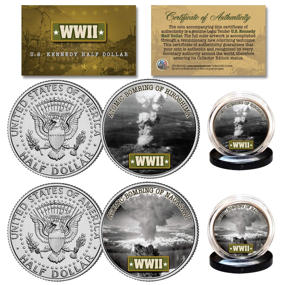 World WAR II Atomic BOMBINGS of Japan Hiroshima & Nagasaki U.S. JFK Kennedy Half Dollar 2-Coin Set