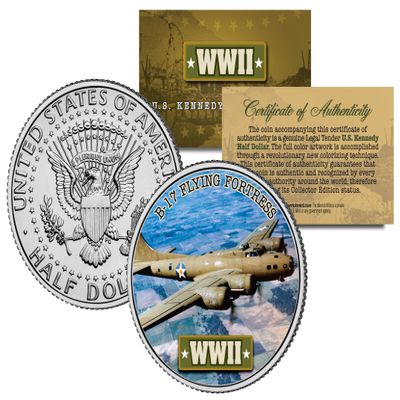 World War II B-17 Flying Fortress Plane JFK Half Dollar US Coin w/ Fact Trading Card