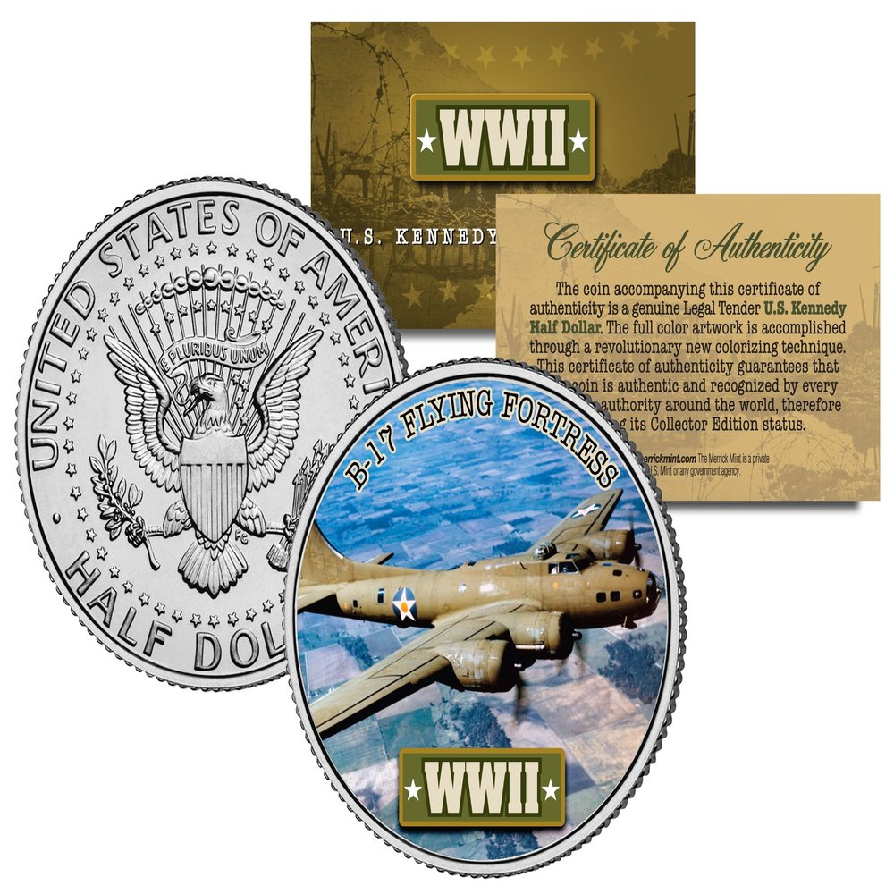 World War II B-17 Flying Fortress Plane JFK Half Dollar US Coin w/ Fact Trading Card