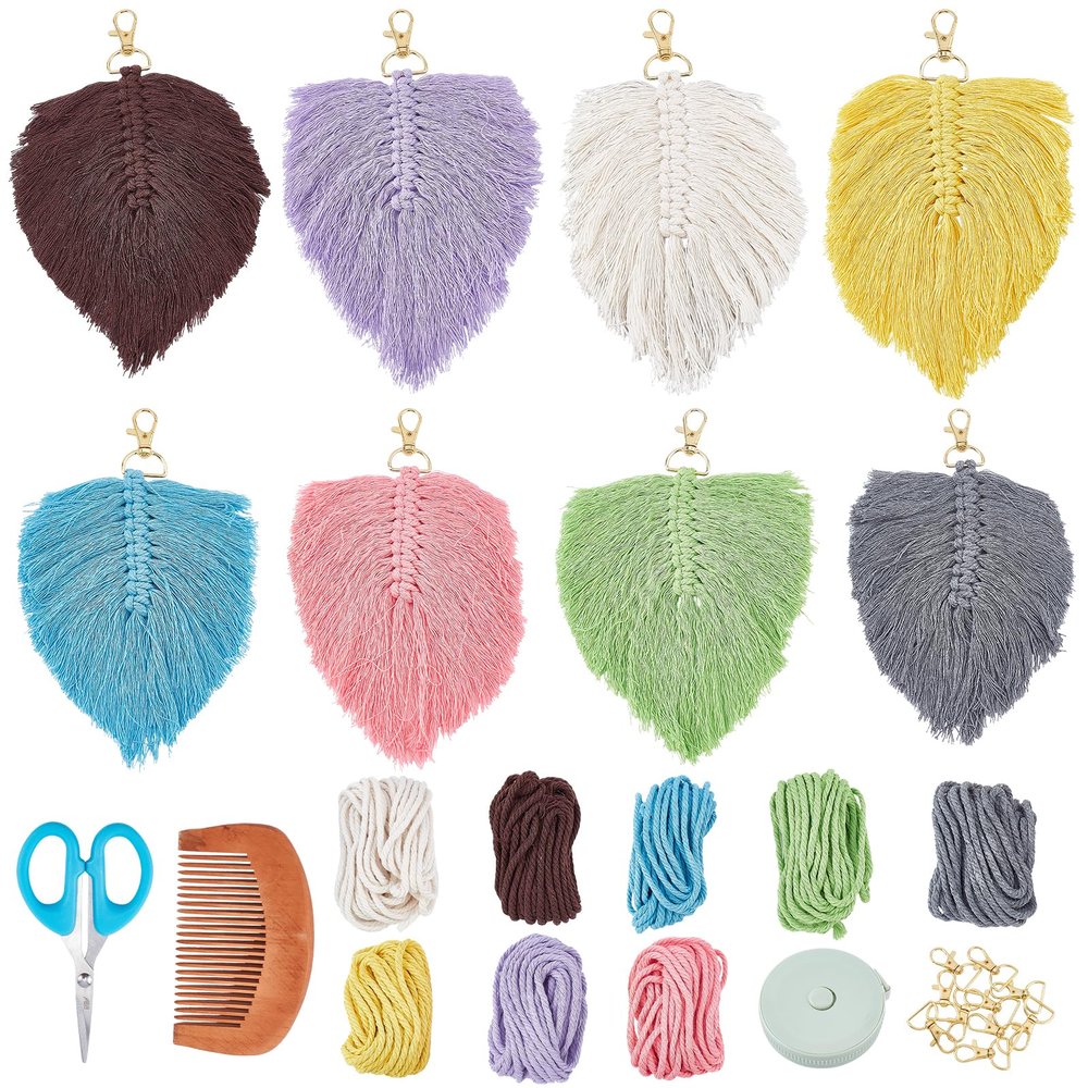 WEBEEDY 8 Set Macrame Keychain DIY Kit Feather Keychain Supplies Craft Macrame Kits for Beginners Adult, Craft Kits Macrame Supplies Keyring Wallet Purses Charms Macrame Keychain Supplies for Car Key