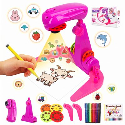 LEERFEI Kids Projection Drawing Toy,Smart Drawing Projector ToysTrace and Draw Projector for Kids,with 32cartoon patters and 12color Brushes, Kid Learn to Draw and Sketcher (Pink)