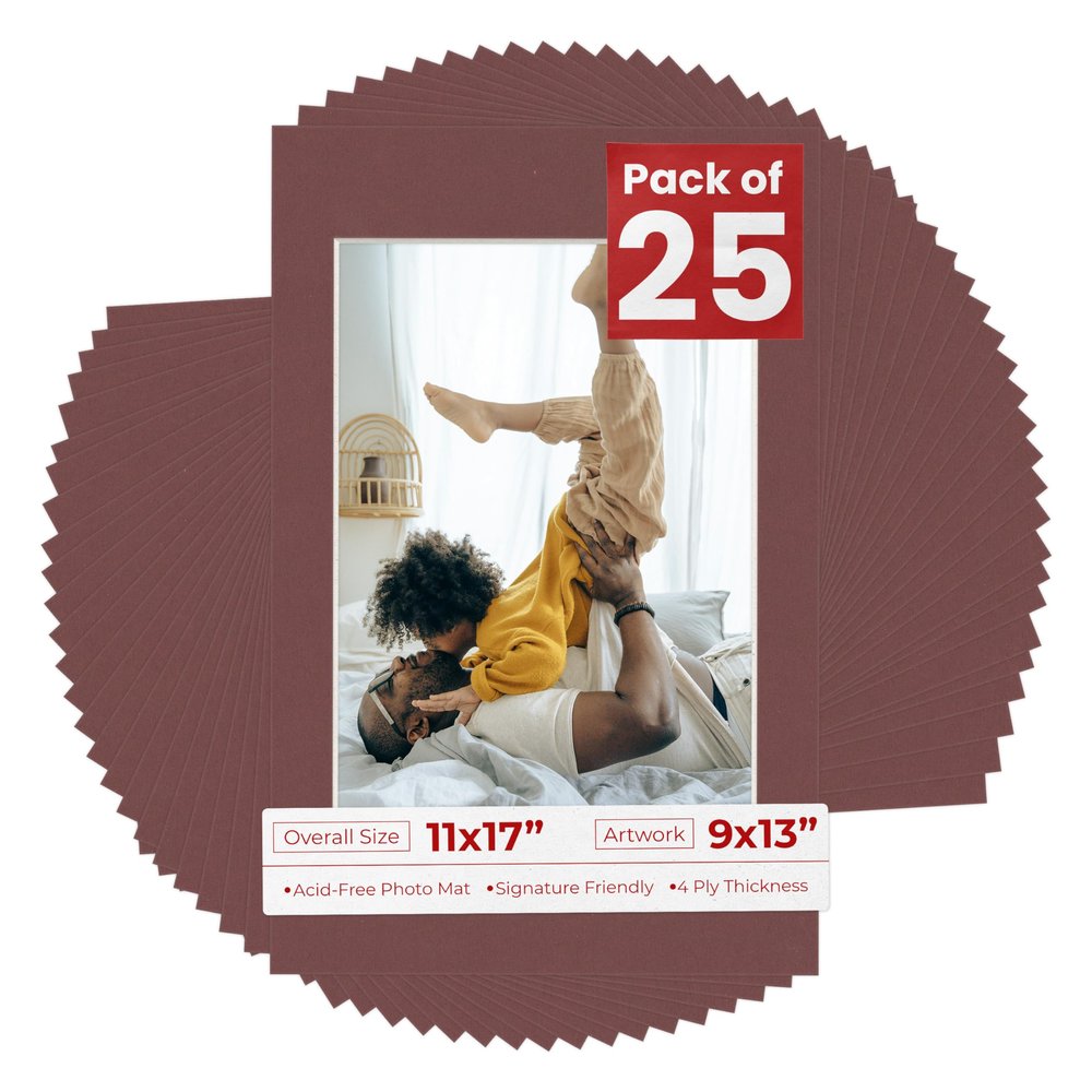 Poster Palooza Pack of 25 Acid Free 11x17 Mats Bevel Cut for 9x13 Photos - Maroon Red Precut Matboards with Backing Boards and Clear Photo Mat Bags for Pictures, Photos, Framing - 4-ply Thickness
