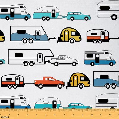 Camper Upholstery Fabric, Happy Camping Fabric By The Yard for Kids Boys Girls Children, Camping Trailer Travel Car Pattern Indoor Outdoor Fabric, Cartoon Car Decorative Fabric, 10 Yards, Colorful