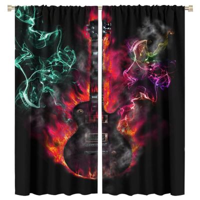 Kazynee Burning Electric Guitar Blackout Curtains for Bedroom,Cool Musical Instruments Guitar with Colorful Misty Window Treatments Rod Pocket 2 Panels 72L x 31.5W