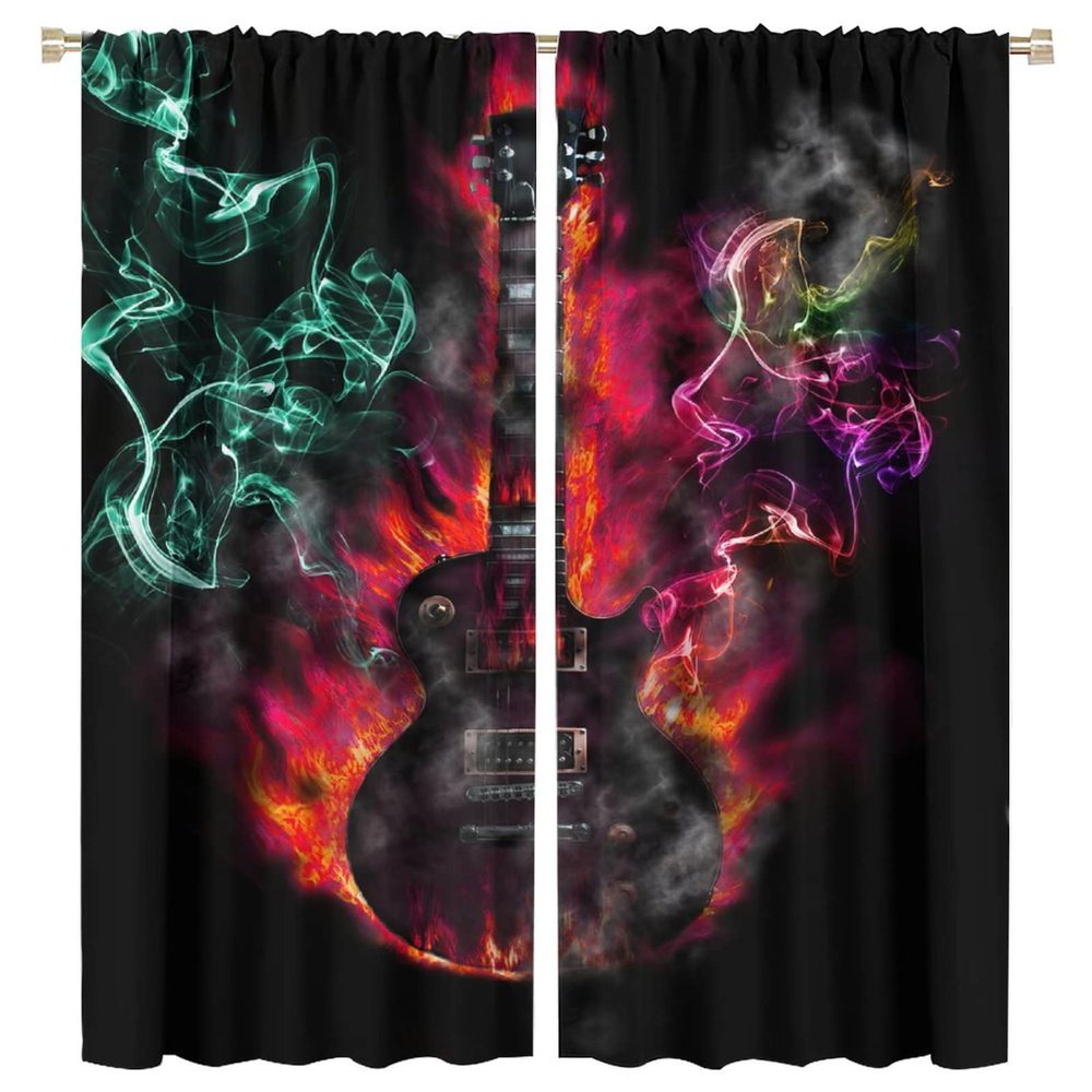 Kazynee Burning Electric Guitar Blackout Curtains for Bedroom,Cool Musical Instruments Guitar with Colorful Misty Window Treatments Rod Pocket 2 Panels 72L x 31.5W