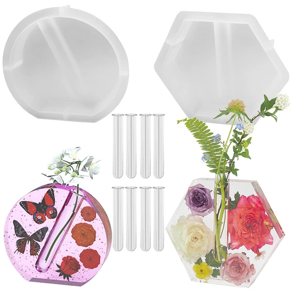 2 PCS Large Silicone Resin Molds for Epoxy lyfLux Hexagonal & Semicircular Planter Molds with 8 Flower Tubes, DIY Vase Molds for Flower Preservation, Hydroponics, Wedding, Valentines Day Gifts