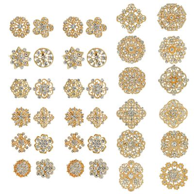 MEEDOZ 36 Pieces Crystal Rhinestone Flower Brooches for DIY Craft Party (Gold 36pcs)