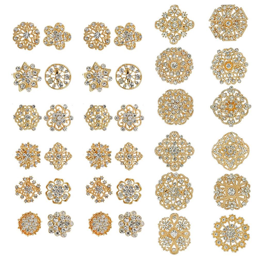 MEEDOZ 36 Pieces Crystal Rhinestone Flower Brooches for DIY Craft Party (Gold 36pcs)