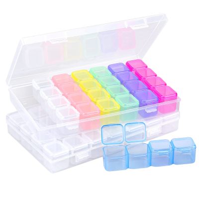 Cosics Rhinestone Storage Organizer Box, 2PCS 28-Grid Clear & Colorful Case Container Portable with Lids for Diamond Nail Charms Embroidery Bead Sewing Glitter Pill Seed DIY Art Craft Jewelry