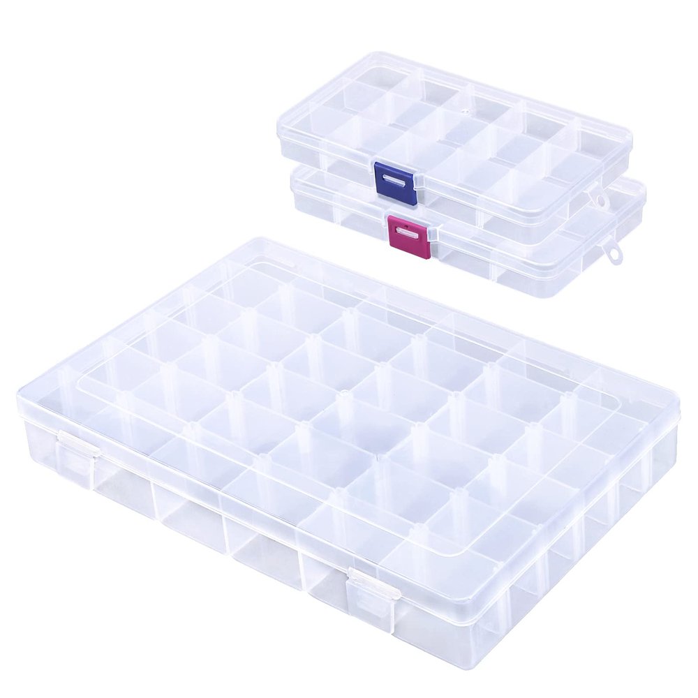 COSICS Bead Organizer Storage Box, 1PCS 36-Grid False Nail Organizer, 2PCS 15-Grid NailRhinestone Empty Container Case with Movable Divider for Art Craft, Jewelry Accessory, Stickers, Tackle, Sewing