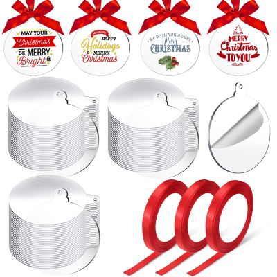 Blulu 75 Pieces 3 Inch Clear Round Acrylic Blanks Bulk Christmas Tree Ornament Acrylic Discs with Ribbons for DIY Craft Hanging Tag