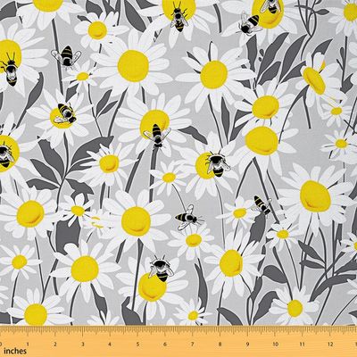 Feelyou Floral Outdoor Fabric by The Yard, Daisy Flowers Bees Upholstery Fabric for Chairs, Spring Garden Sunflower Botanical Decorative Fabric for Home DIY Projects, 10 Yards, Yellow White