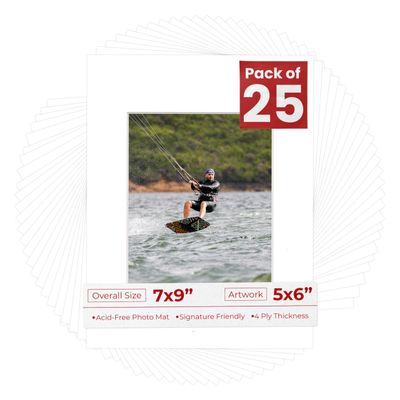 Poster Palooza Pack of 25 Acid Free 7x9 Mats Bevel Cut for 5x6 Photos - Textured White Precut Matboards With Backing Boards and Clear Photo Mat Bags For Pictures, Photos, Framing - 4-ply Thickness