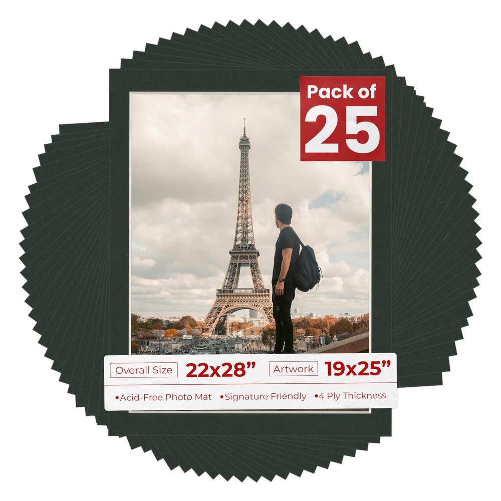 Pack of 25 Acid Free 22x28 Mats Bevel Cut for 19x25 Photos - Textured Black Precut Matboards With Backing Boards and Clear Photo Mat Bags For Pictures, Photos, Framing - 4-ply Thickness