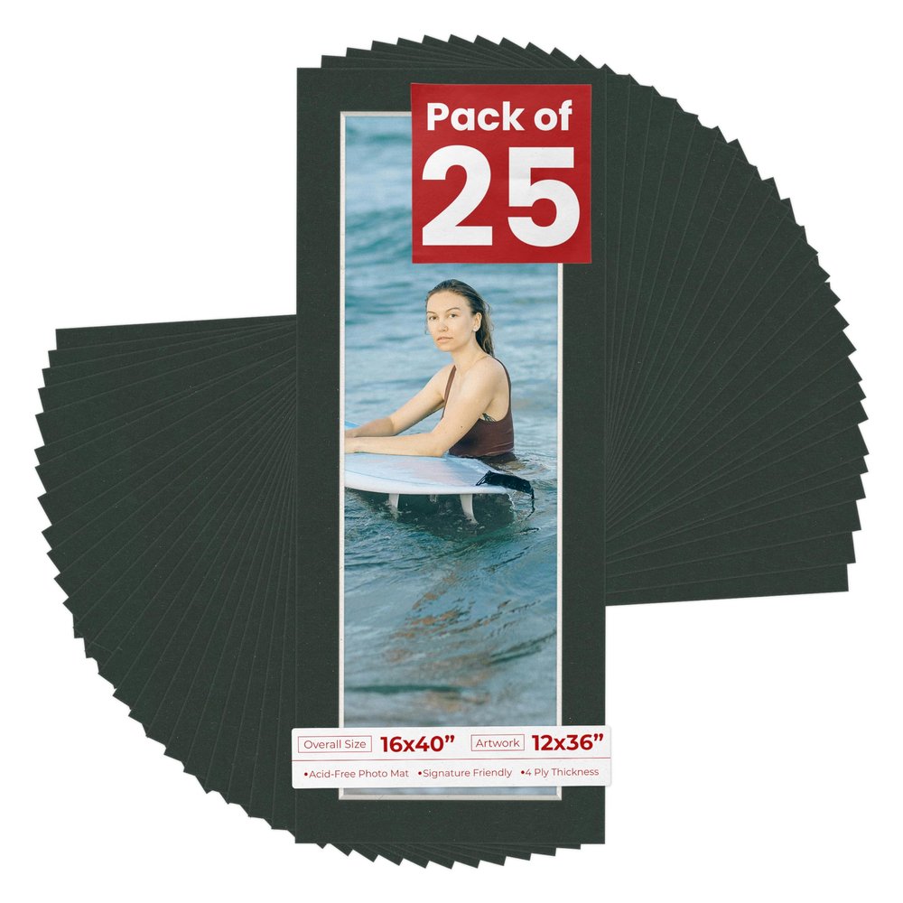 Poster Palooza Pack of 25 Acid Free 16x40 Mats Bevel Cut for 12x36 Photos - Black Precut Matboards With Backing Boards and Clear Photo Mat Bags For Pictures, Photos, Framing - 4-ply Thickness