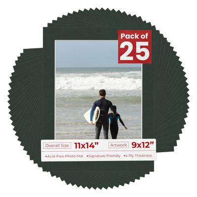 Poster Palooza Pack of 25 Acid Free 11x14 Mats Bevel Cut for 9x12 Photos - Black Precut Matboards With Backing Boards and Clear Photo Mat Bags For Pictures, Photos, Framing - 4-ply Thickness