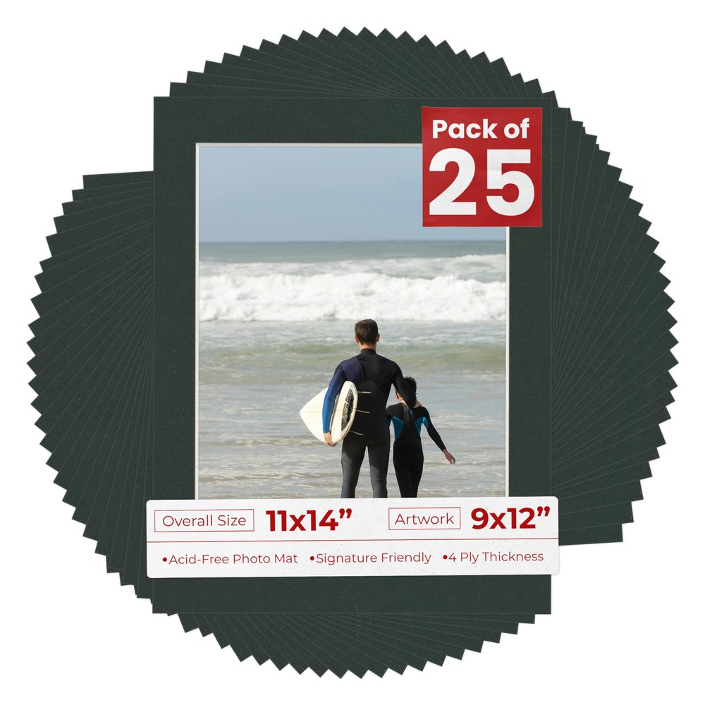 Poster Palooza Pack of 25 Acid Free 11x14 Mats Bevel Cut for 9x12 Photos - Black Precut Matboards With Backing Boards and Clear Photo Mat Bags For Pictures, Photos, Framing - 4-ply Thickness