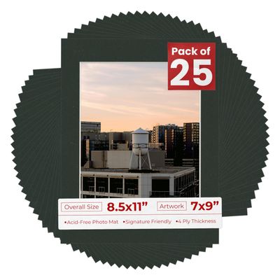 Poster Palooza Pack of 25 Acid Free 8.5x11 Mats Bevel Cut for 7x9 Photos - Textured Black Precut Matboards With Backing Boards and Clear Photo Mat Bags For Pictures, Photos, Framing - 4-ply Thickness