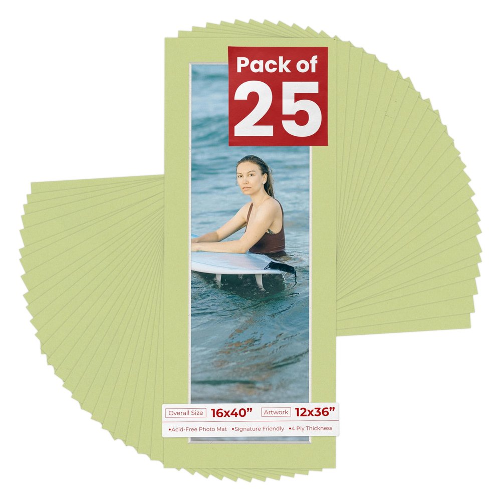 Pack of 25 Acid Free 16x40 Mats Bevel Cut for 12x36 Photos - Pistachio Green Precut Matboards With Backing Boards and Clear Photo Mat Bags For Pictures, Photos, Framing - 4-ply Thickness