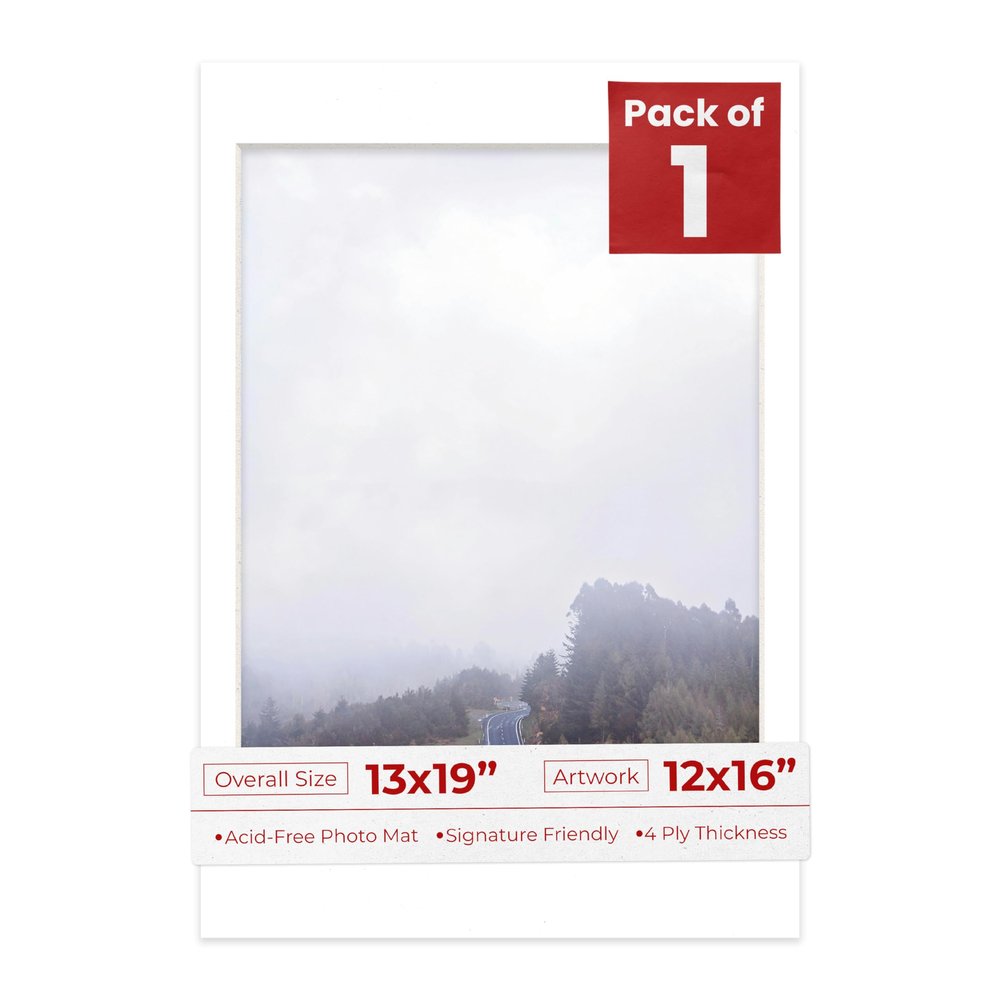Poster Palooza 13x19 Mat Bevel Cut for 12x16 Photos - Acid Free White Precut Matboard - for Pictures, Photos, Framing - 4-ply Thickness