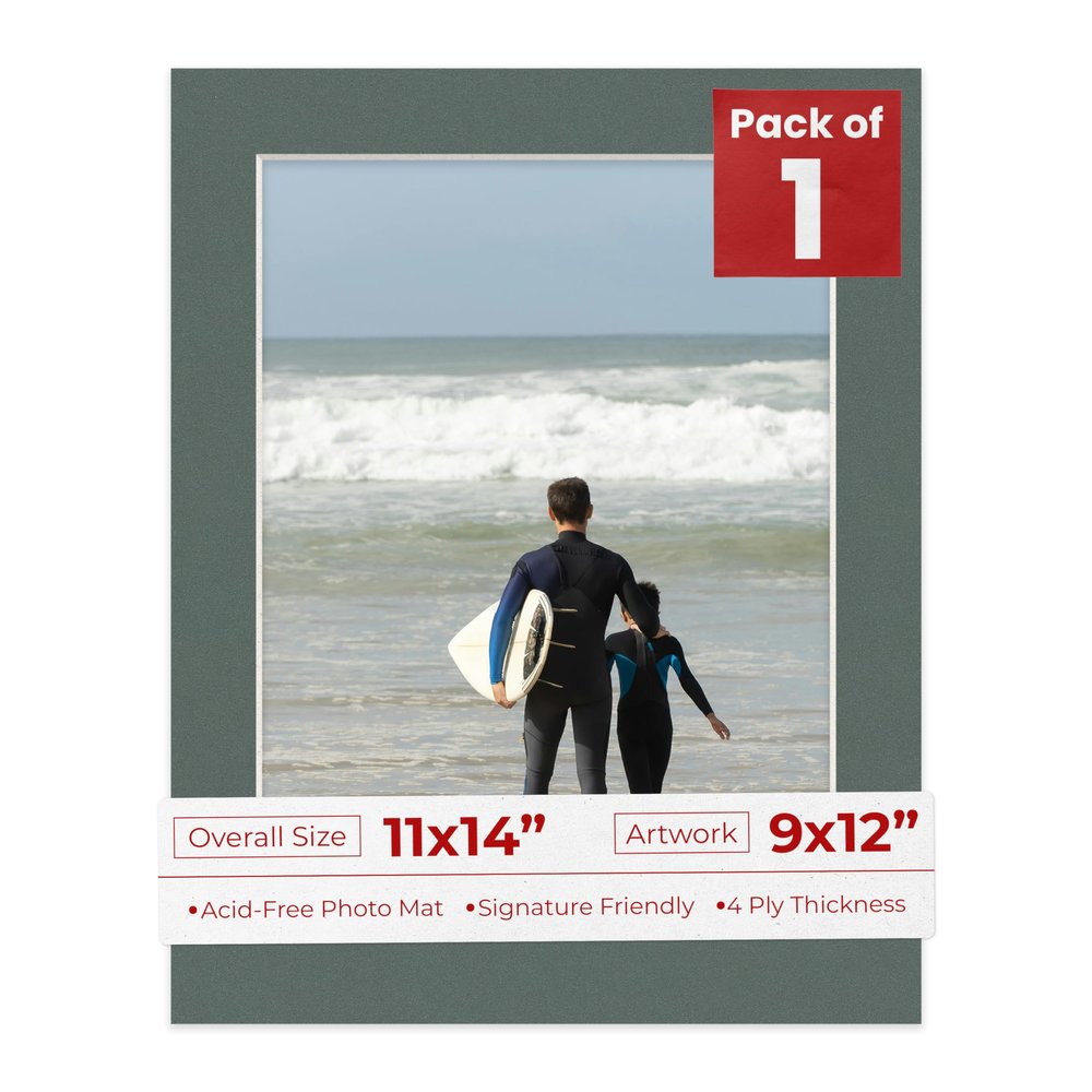 11x14 Mat Bevel Cut for 9x12 Photos - Acid Free Charcoal Grey Precut Matboard With Backing Board and Crystal Clear, Self Seal Photo Mat Bag - For Pictures, Photos, Framing - 4-ply Thickness