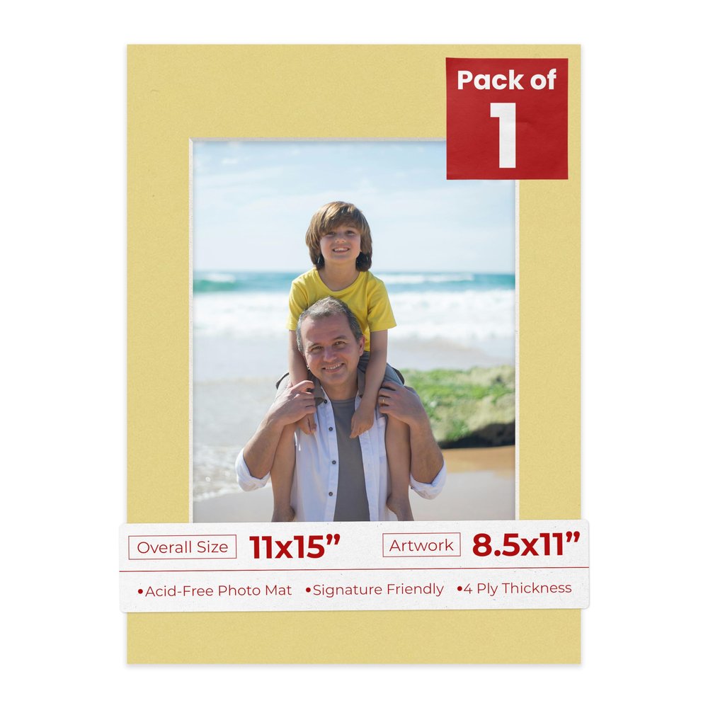 Poster Palooza 11x15 Mat Bevel Cut for 8.5x11 Photos - Acid Free Soft Yellow Precut Matboard - For Pictures, Photos, Framing - 4-ply Thickness