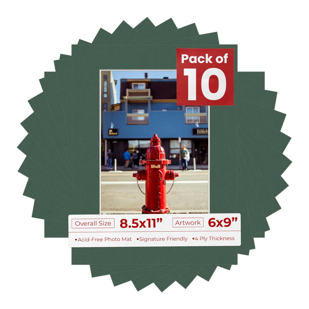 Poster Palooza Pack of TEN 8.5x11 Mats Bevel Cut for 6x9 Photos - Acid Free Hunter Green Precut Matboards For Pictures, Photos, Framing - 4-ply Thickness