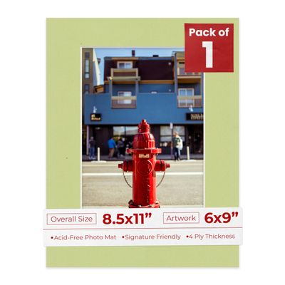 8.5x11 Mat Bevel Cut for 6x9 Photos - Acid Free Pistachio Green Precut Matboard With Backing Board and Crystal Clear, Self Seal Photo Mat Bag - For Pictures, Photos, Framing - 4-ply Thickness
